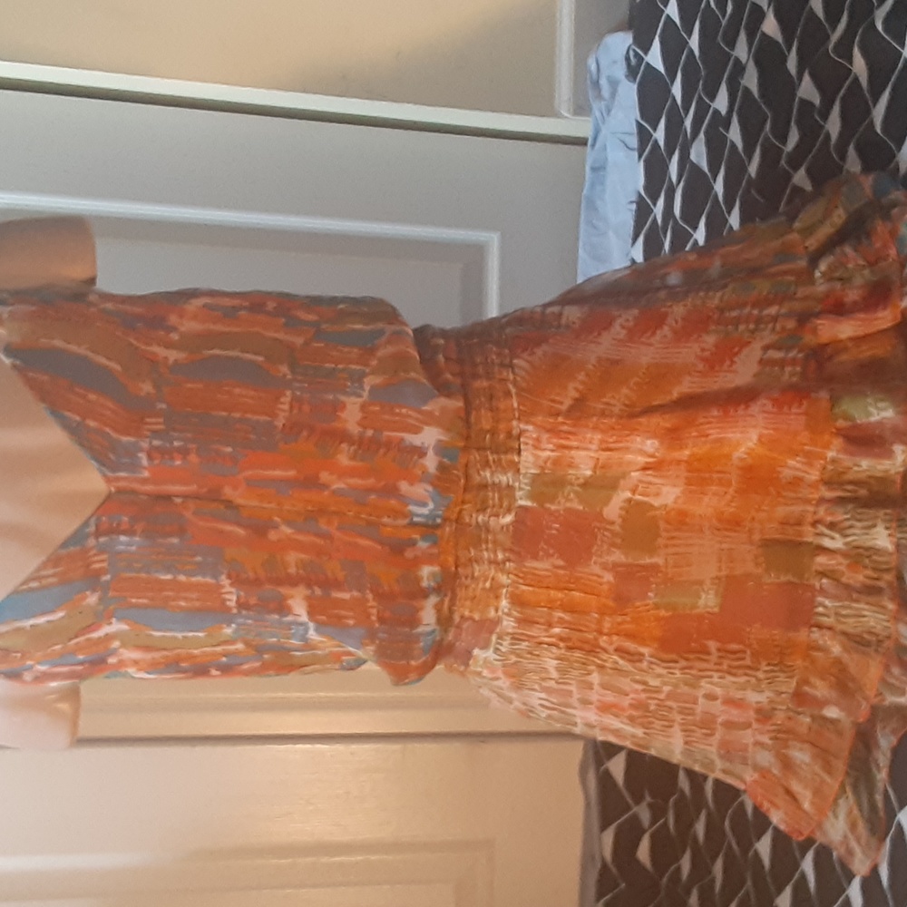 Lucy & Co Orange Multi Print Ruffle Mini Dress Size Small Boho Tie Waist - Picture 5 of 12